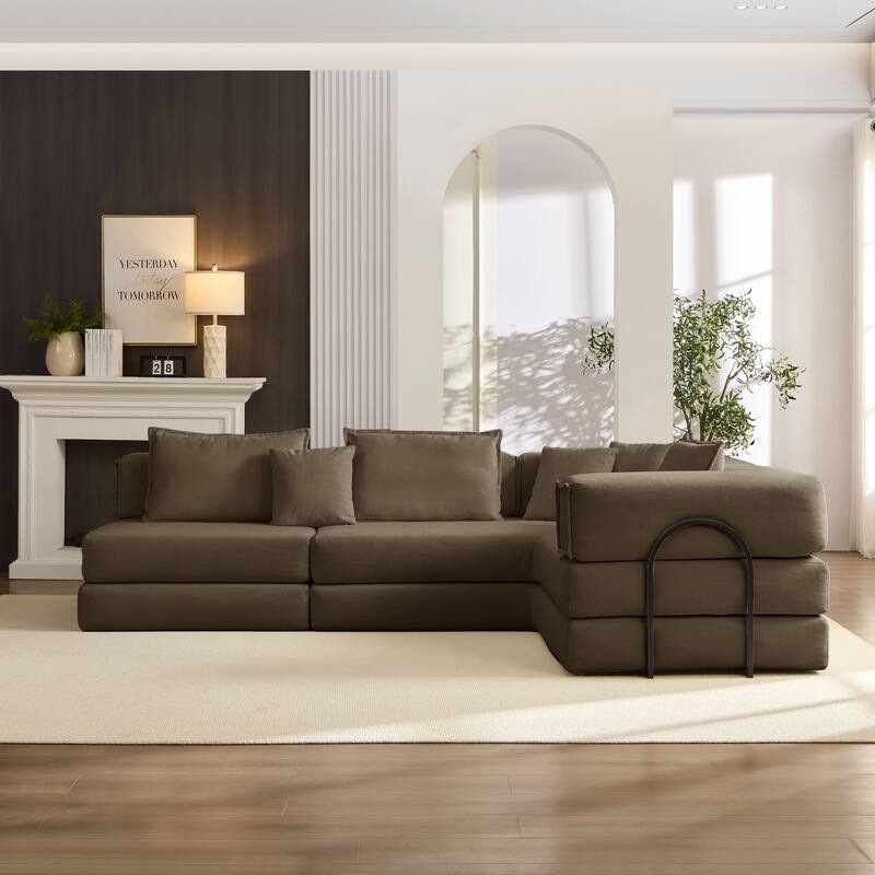 118.2" Oversized Modular Foldable Floor Sofa Couch, Corduroy Upholstered Convertible Sectional Sofa Bed w/ Pillows for Apartment