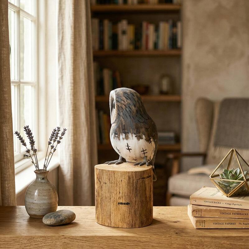 10" Wooden Hand Carved Barn Owl Standing on Log Statue Bird Figurine Sculpture Home Decor Accent Handcrafted Decoration Handmade