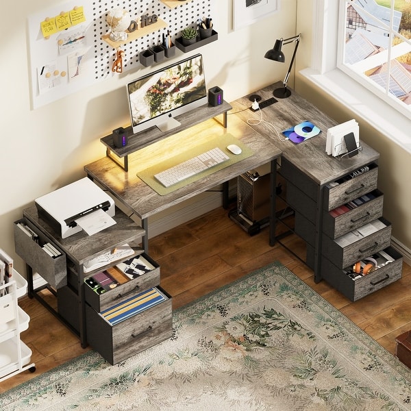 slide 2 of 26, 71'' L-Shaped Desk with File Drawers, Reversible Computer Desk with Power Outlets and Smart LED Lights Grey Oak