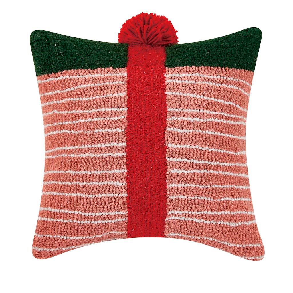 Holiday Gift Box with Pom Pom in Pink and Green Hook Pillow by Ampersand