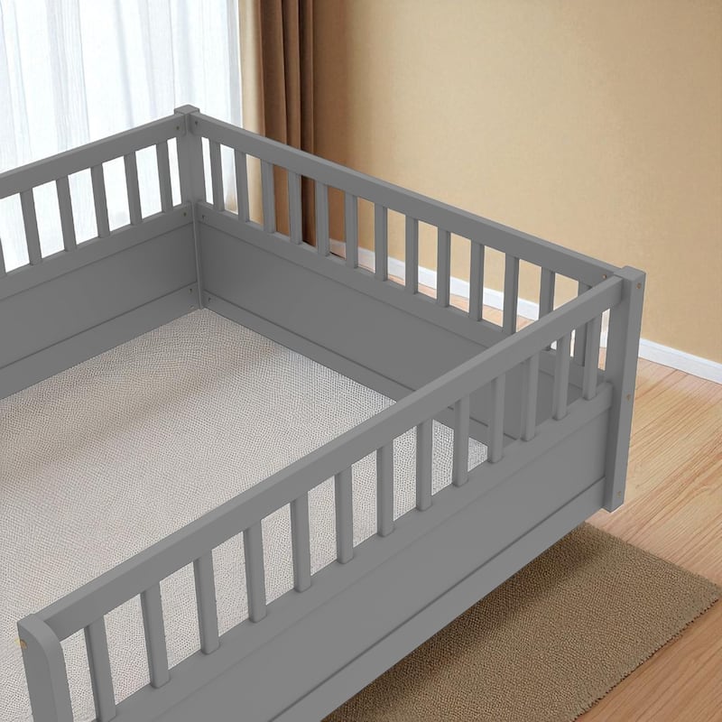 Twin/Full Montessori Floor Bed with High Fence & Open Door, Solid Pine, Playroom/Bedroom, No Box Spring