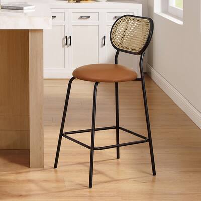 Art Leon Faux Leather Upholstered Counter Height Bar Stool with Rattan Back and Metal Frame