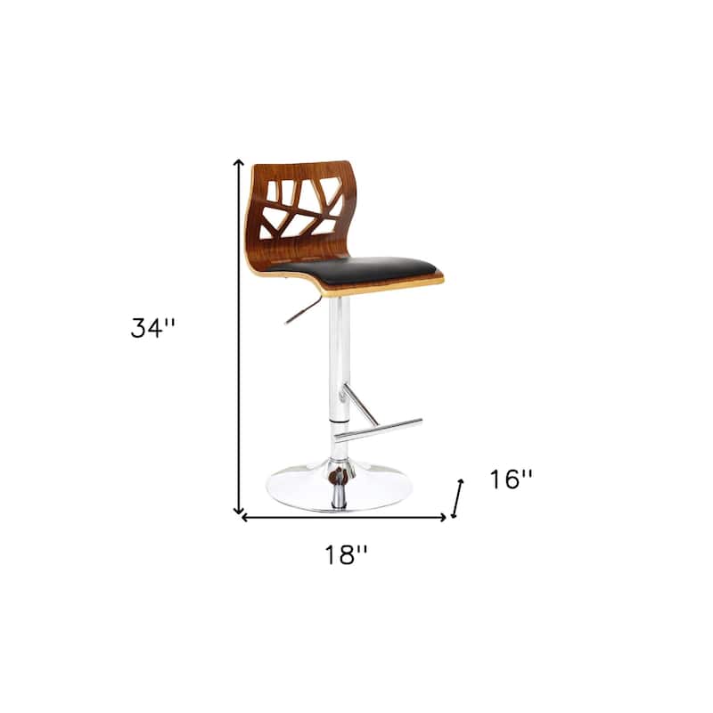 Black Brown And Silver Faux Leather And Wood Low Back Adjustable Height Bar Chair