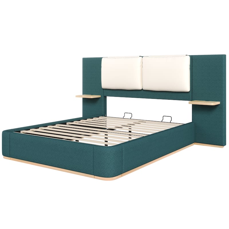 Roomfitters Queen Size Upholstered Platform Bed Frame, Modern Panel Headboard with Rounded Corners, Solid Wood Slats
