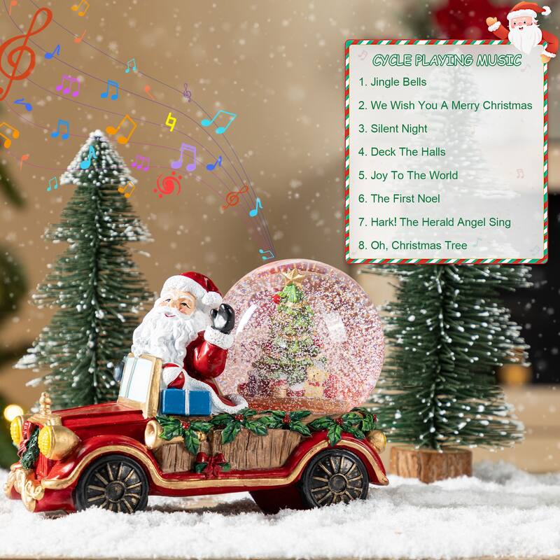 Glitzhome 100mm Christmas Resin Lighted Musical Snowflakes Santa Car Waterglobe