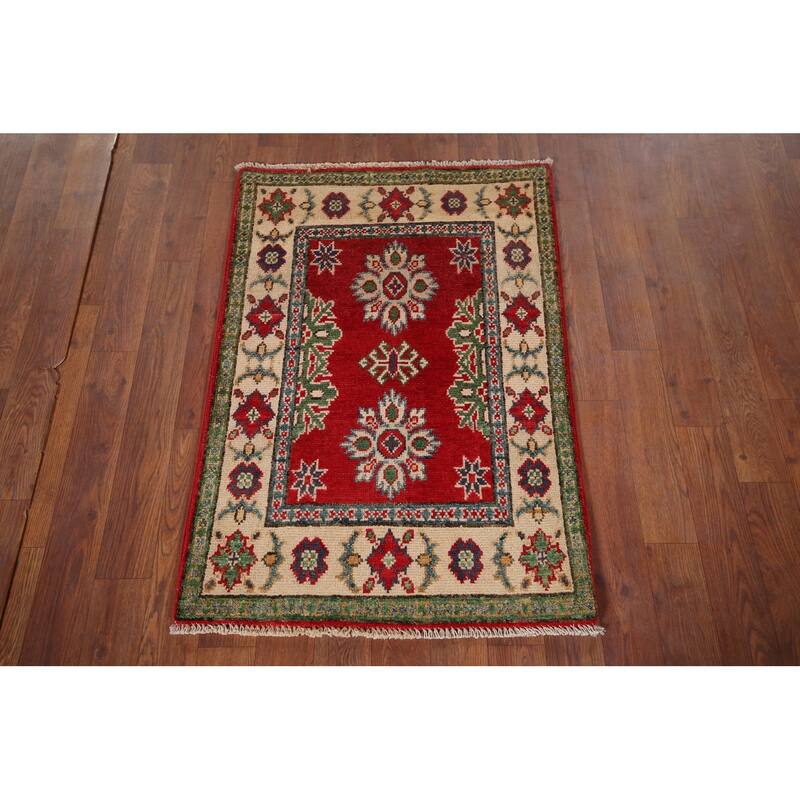 Red Geometric Kazak Oriental Foyer Rug Handmade Wool Carpet - 2'0" x 3'0"