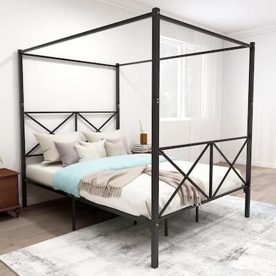 Queen/Full Size Metal Canopy Bed Frame with Vintage Headboard, Sturdy X-Shaped Design, Steel Slats, and Under-Bed Storage