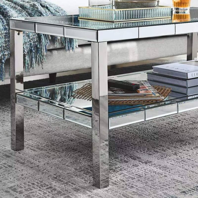 2-layer Crystal Mirror Coffee Table with Stainless Steel Fframe