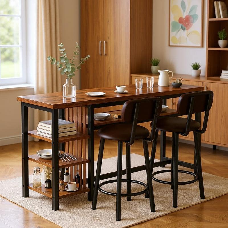 3-Piece Dining Room Table Set with 2 Upholstered Bar Stools, Modern Farmhouse Bar Table Set for 2 with Multiple Tier Shelves