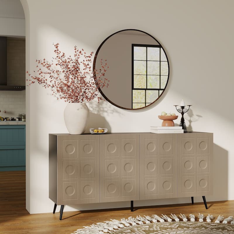 Storage Cabinet Buffet Sideboard with 4 Fluted Doors, Wood Accent Entryway Table with Adjustable Shelves