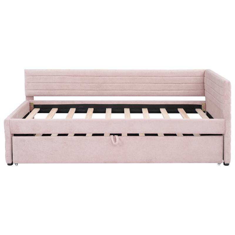 Twin Size Upholstered Daybed with Roll-Out Trundle, Space-Saving Wooden Frame, No Box Spring Needed