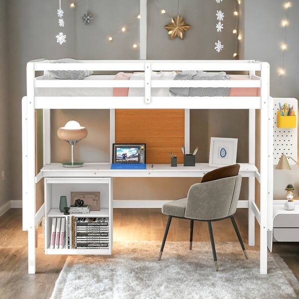 slide 2 of 44, Impression Twin size Loft Bed with Desk, Writing Board and 2 Drawers Cabinet, Sturdy construction & Unique design, White White