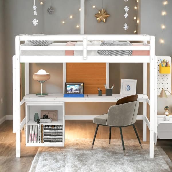 slide 2 of 44, Twin size Loft Bed with Desk, Writing Board and Drawers Cabinet, White White
