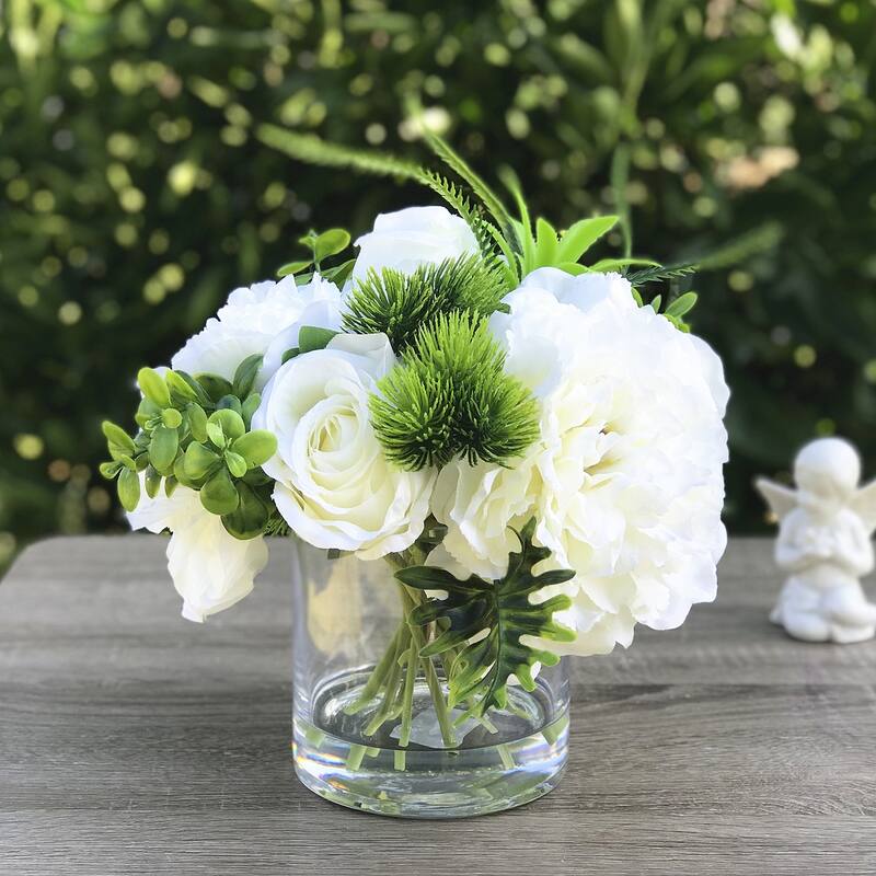 Enova Home Artificial Silk Peony and Roses Fake Flowers Arrangement in Clear Glass Vase for Home Office Wedding Decoration