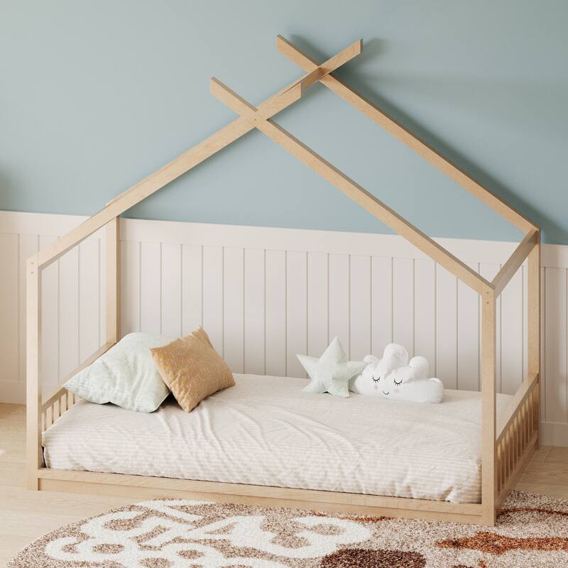 Montessori Style Wooden Floor Bed with Roof, Low Frame and Guardrails, Cozy Playhouse Look