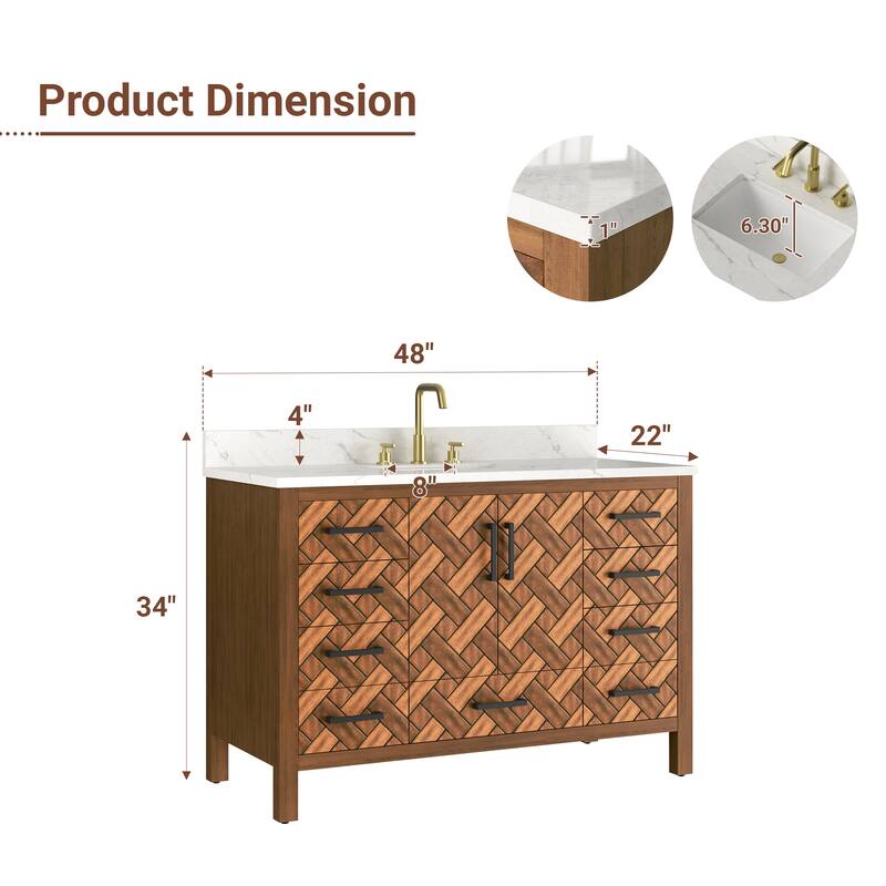 48" Freestanding Bathroom Vanity with Engineered Stone Top, Ceramic Sink, Built-In Power Outlet, and Hair Dryer Storage