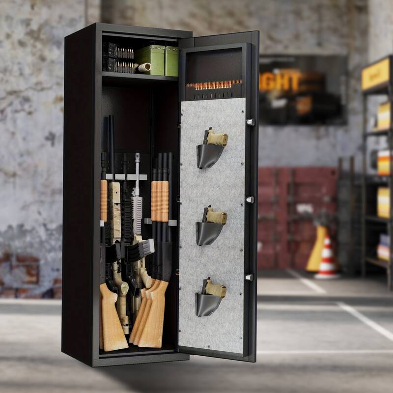 Large Gun Safe Cabinet With 3 Pistol Pouches, Heavy Duty Biometric Fingerprint Lock, Rifle Gun Safe With Adjustable Stand - Black