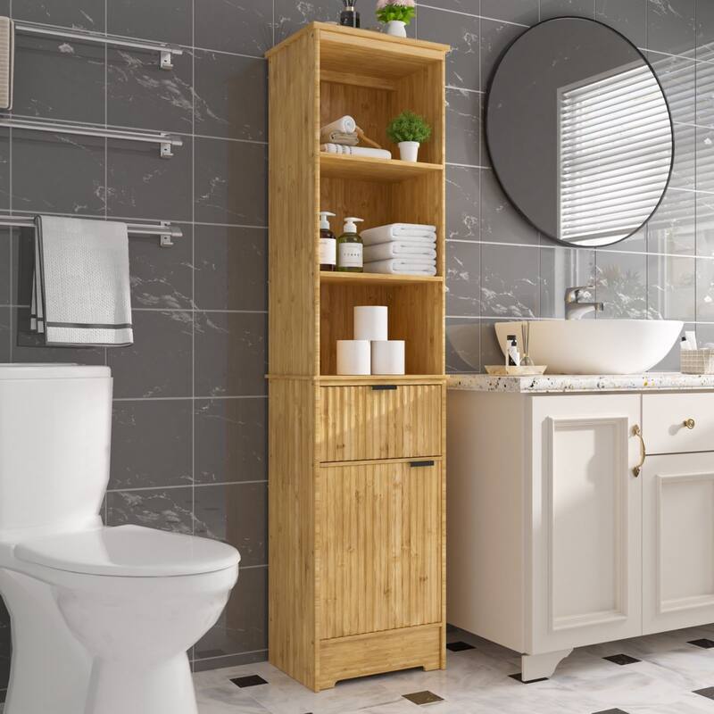 VEIKOUS 68'' Tall Bathroom Storage Cabinet with Anti-Tipping Design - Brown