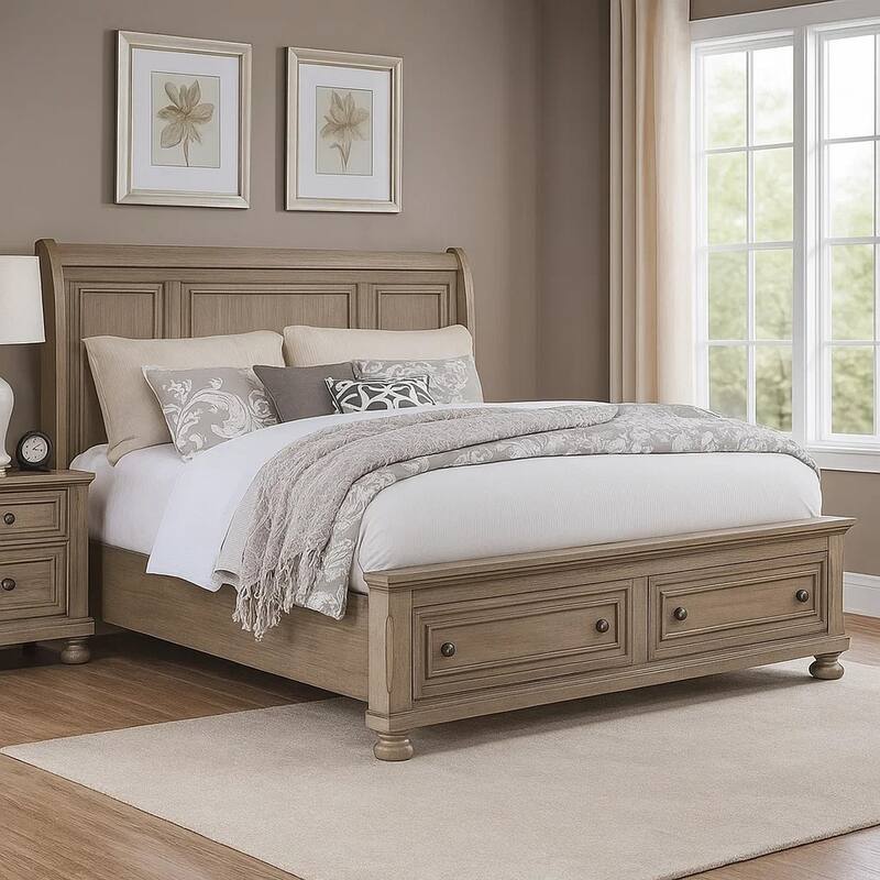 Ava King Bed with Footboard Storage and Bun Feet, Gray Solid Wood