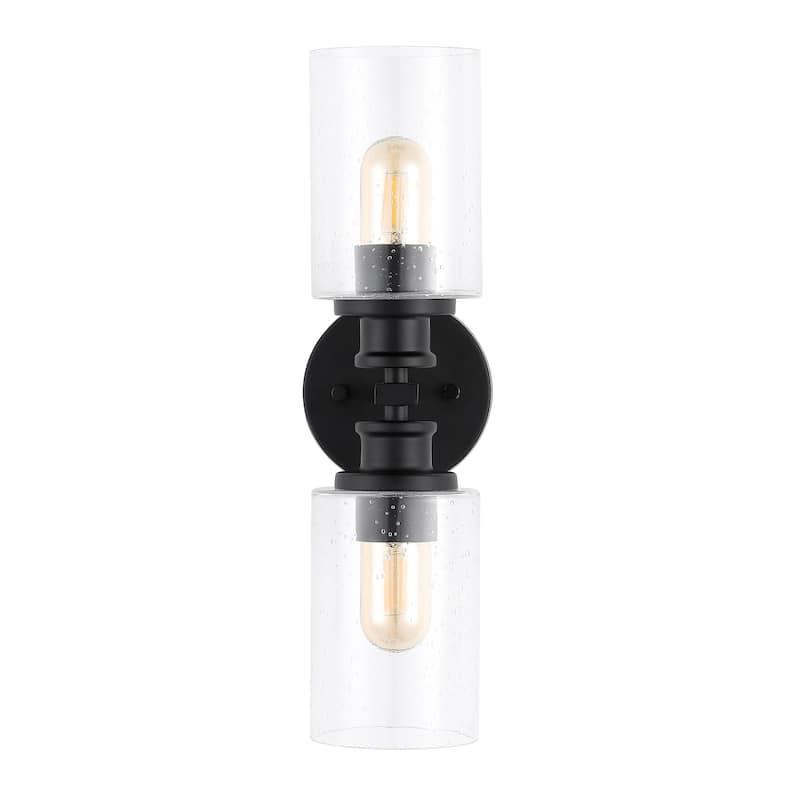 Jules Edison 16.5" Cylinder 2-Light Iron/Seeded Glass Farmhouse Contemporary LED Wall Sconce, Black by JONATHAN Y - One