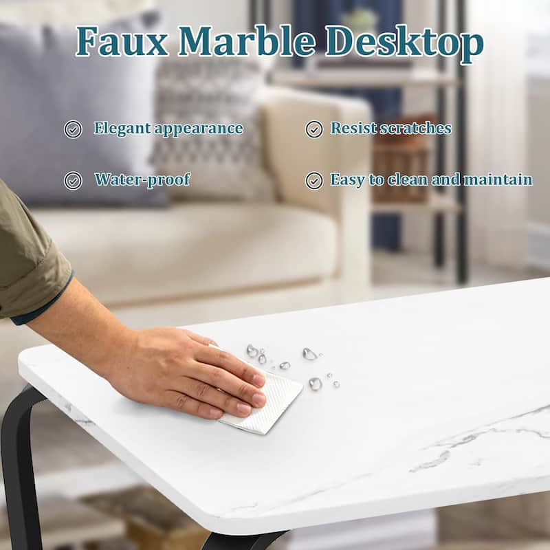 Coffee Table, White Faux Marble Coffee Table with Storage Shelf, Rectangle 2-Tier