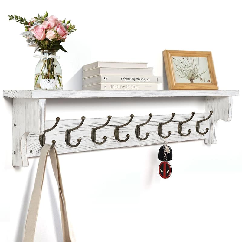 Rustic Wall Mounted Coat Rack with Storage Shelf & Metal Hooks - 35.8"L - White