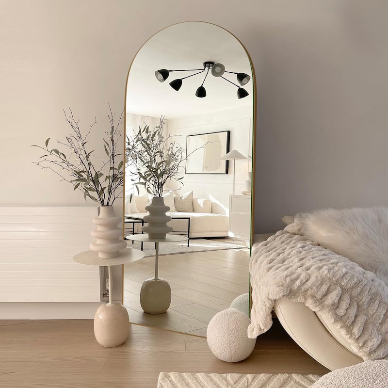 Classic Wood Arched Full Length Mirror with Stand, Floor Mirror - 64.55X21.55 - Antique Gold