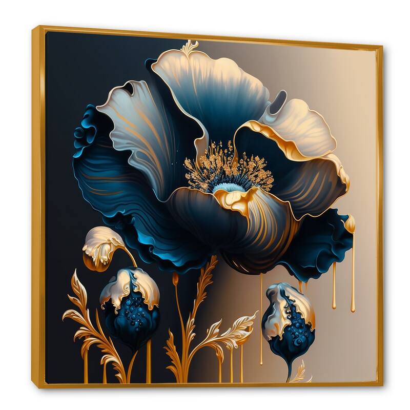 Designart "Deep Blue And Gold Single Flower V" Floral & Botanical Framed Canvas Art Print