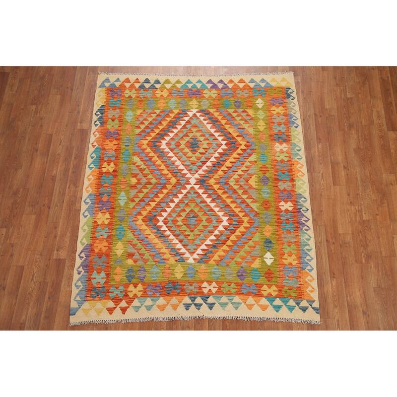 Hand Woven Oriental 100% Wool Carpet Southwestern Geometric Multi-Colored Kilim Area Rug - 6' 1'' X 5' 0''
