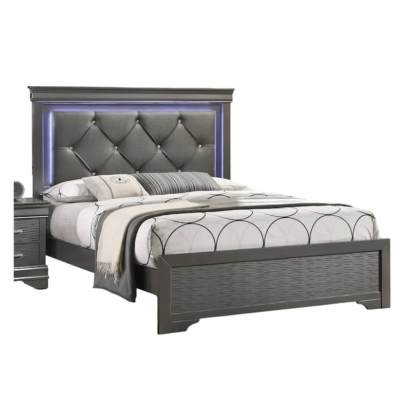 Dark Gray Faux Leather Tufted Headboard 1pc Queen Size Bed w LED Bedroom Furniture Gray Unique Texture FB Solid wood