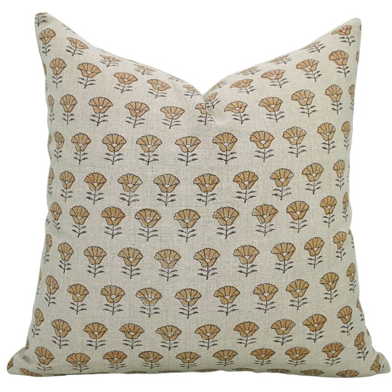 Linen Farmhouse Block print pillow Cover - Kohinoor - Pillow Covers - 24" x 24"