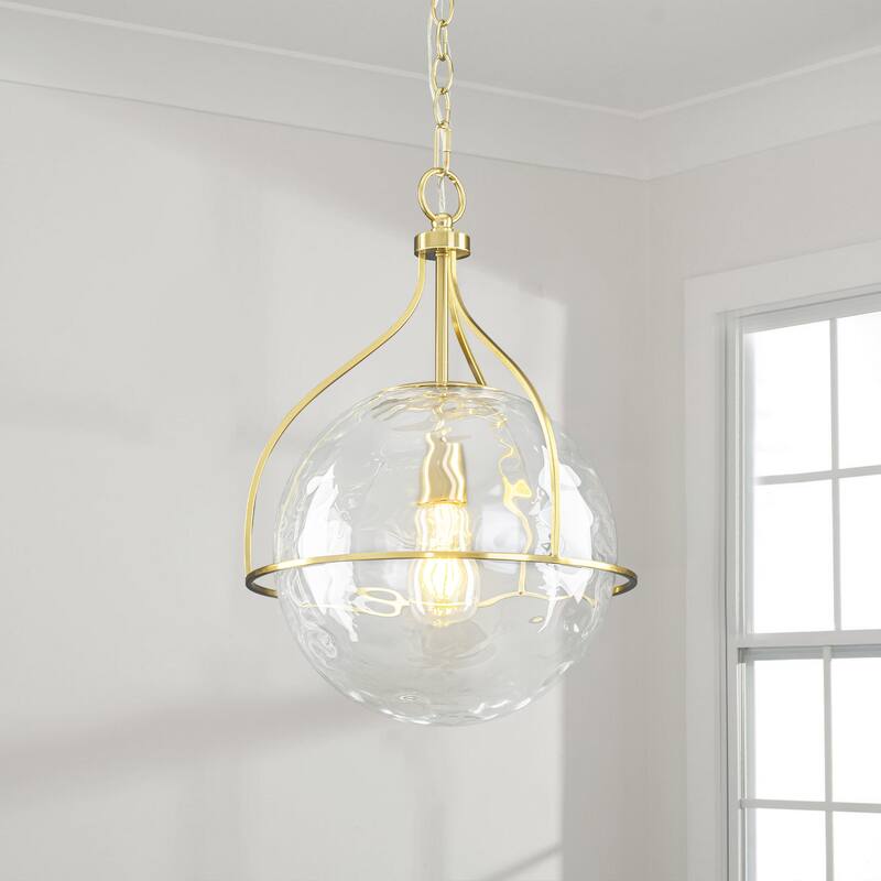 1-Light Modern Transitional Metal & Glass Pendant with Water-Ripple Glass Sphere for Living Room - 13.2" W x 19.3" H