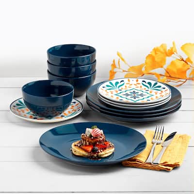 Tabletops Gallery Isabella 12 Piece Blue Porcelain Round Dinnerware Set- Service for 4