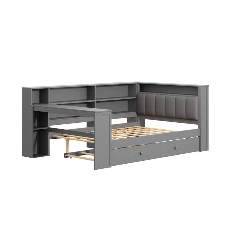 Wood Daybed with Desk, LED Upholstered Headboard, Storage Shelves Built-in Charging Station, Optional Drawers or Trundle