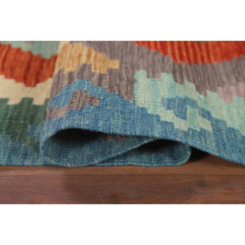 Hand Woven Oriental 100% Wool Carpet Southwestern Geometric Multi-Colored Kilim Runner Rug - 9' 7'' X 2' 8''