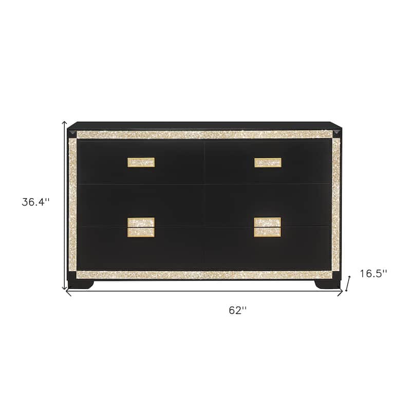 HomeRoots 62" Black And Gold Faux Crystal Bling Wood Six Drawer Double Dresser