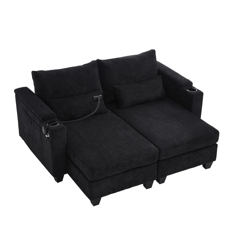 Convertible Chaise Lounge Loveseat with USB Ports, Cup Holders, Storage & Phone Mount