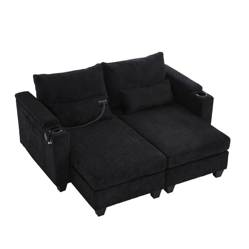 Sofa Chair with Armrests, 2-in-1 Corduroy Loveseat & Chaise Lounge, Sofa Bed Sleeper Sofa with Cup Holders & Side Pockets