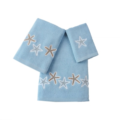 Marina Decoration Decor Soft 100% Cotton Bathroom Modern 3 Piece Embroidered Towel Set, Starfish with Blue Base