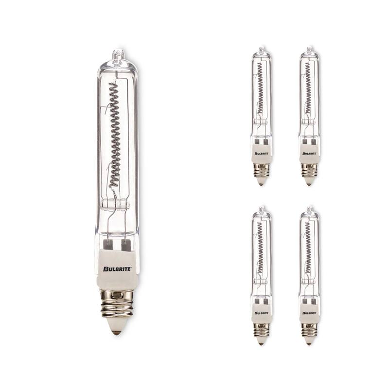 Bulbrite Pack of (5) 120V Dimmable T4 Halogen Mini Light Bulbs with Mini-Candelabra (E11) Base, 2900K Soft White Light - 500 Watt - Clear