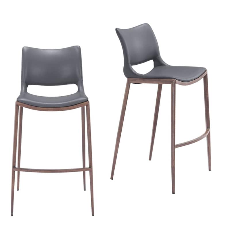 HomeRoots Set of Two 29" Dark Gray and Walnut Faux Leather and Steel Low Back Counter Height Bar Chairs