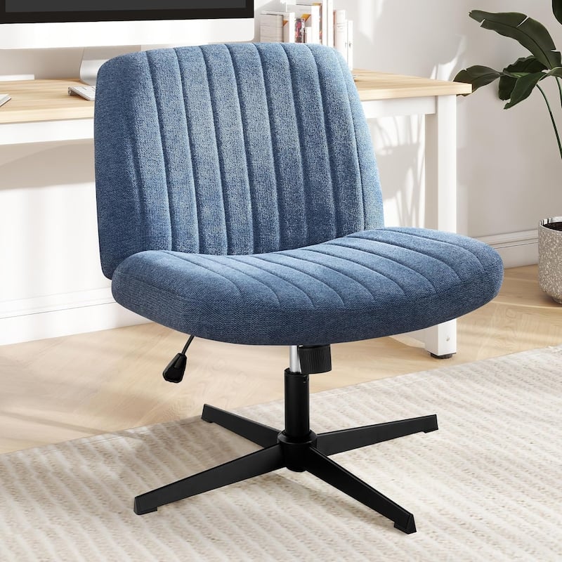 Home Office Desk Chair Criss Cross Legged Office, Wide Comfty Desk, Wheels Armless Computer Task, Swivel Vanity Home Chair - Blue