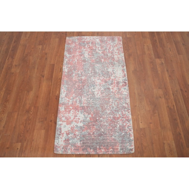 Hand Knotted Oriental Viscose Silk Carpet Modern All-Over Pink Abstract Area Rug - 4' 0'' X 2' 0''