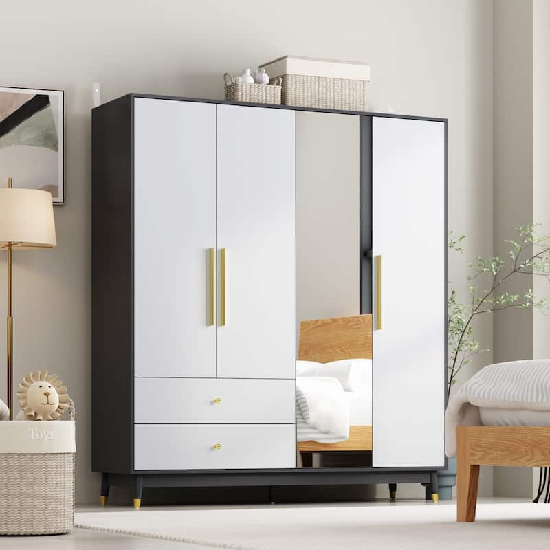 Wooden 2 Drawers 4 Doors Wardrobe Armoire With Mirror (Gray/Black)