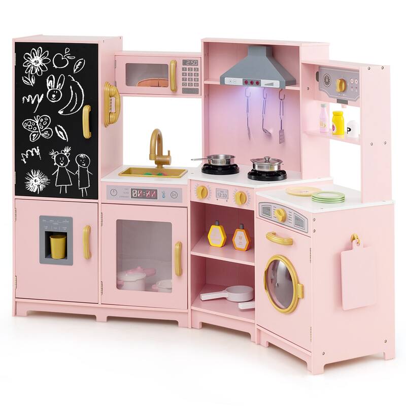 Gymax Corner Kids Play Kitchen Wooden Pretend Toy Kitchen w/ Realistic - Pink