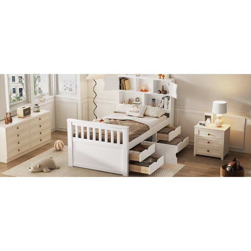 Roomfitters Twin Captain Platform Bed with Bookshelf Headboard and 4 Drawers