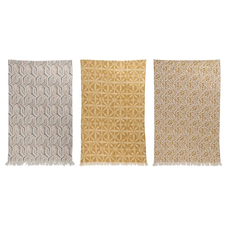 Cotton Tea Towels with Patterns - 28.0"L x 18.0"W x 0.3"H - Set of 3 - 28.0"L x 18.0"W x 0.3"H - Multi