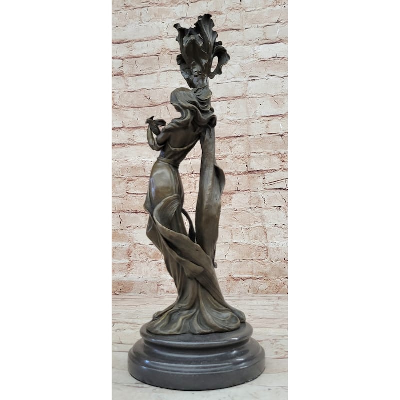 Art Nouveau Real Bronze Romantic Lady Candle Holder Figurine Signed Milo