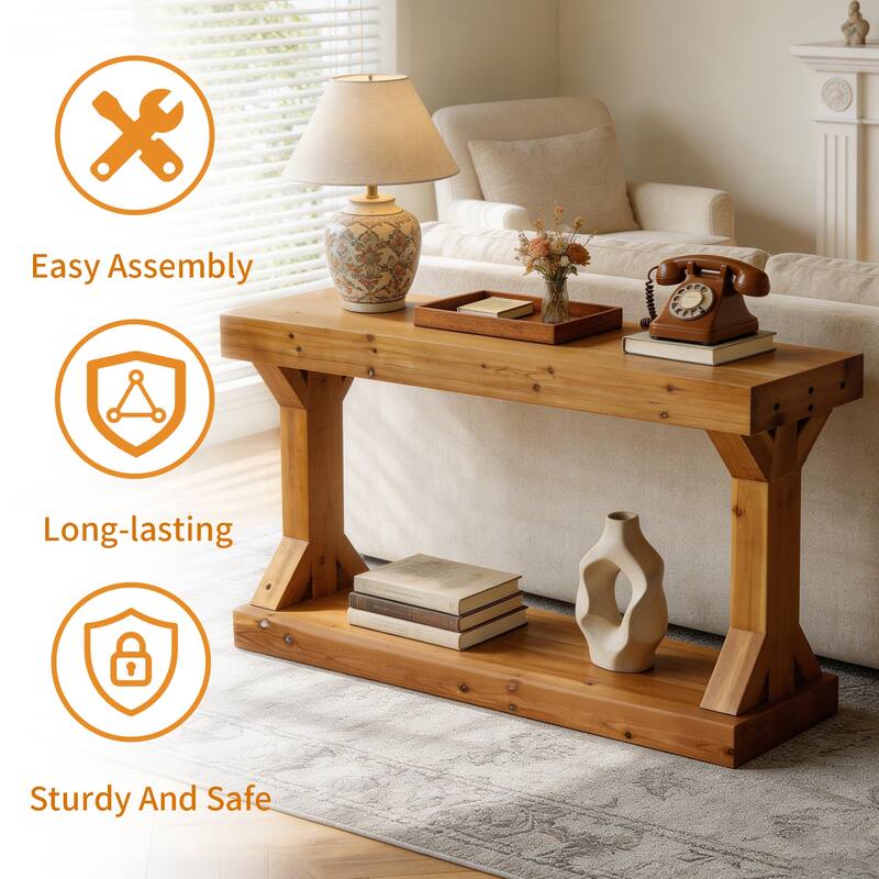 Solid Wood Console Table With Storage Shelf Farmhouse Wooden Entryway Sofa Table Behind Couch