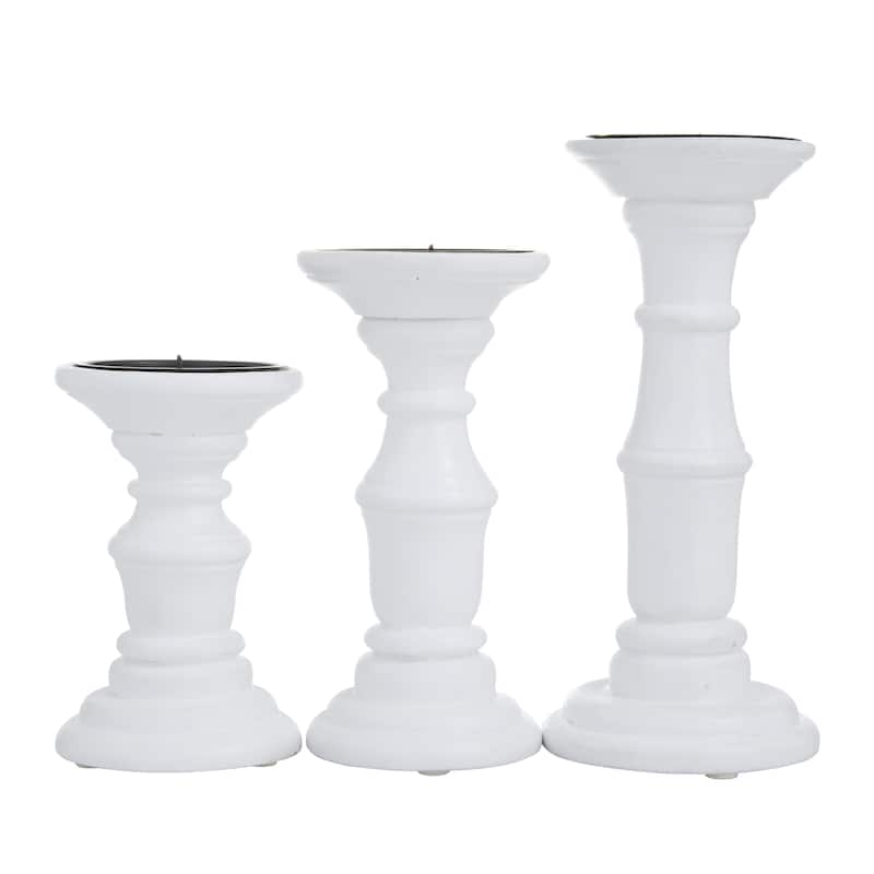 Gold, Black or White Mango Wood Turned Style Pillar Decorative Candle Holder (Set of 3)